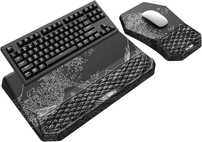 3-in-1 Ergonomic Keyboard Stand with Wrist Rest & Mouse Pad Set, Black Wave | Comfy Keyboard Riser Holder Soft Mousepad with Massage Design, Memory Foam and Non-Slip PU Base for Pain Relief by abcmat