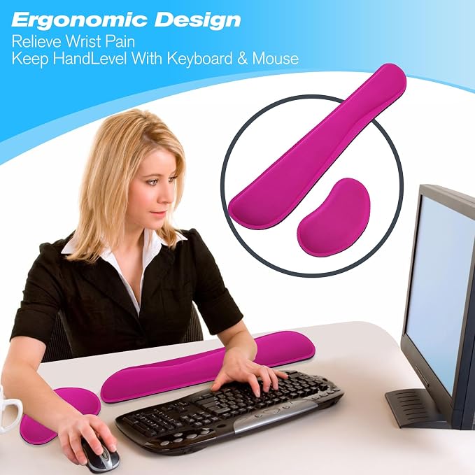 Keyboard Wrist Rest and Mouse Wrist Rest Set - Ergonomic Memory Foam Wrist Cushion - for Wrist Support on Computer, Laptop, Office, Playing Games, Typing Relieves Wrist Pain Rose Red - Image 2