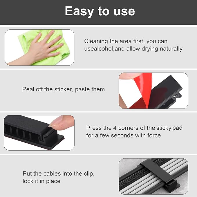 Cable Management Clips, 20Pcs Cord Organizers Wire Clips Cord Holder for TV PC Ethernet Cable Desk Home Office (Black) - Image 5