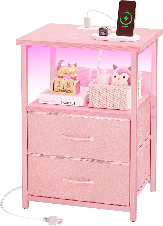 Fixwal Night Stand with Charging Station, Led Nightstand, Pink, 2 Drawers - Image 5