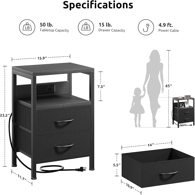 Lazzanto Night Stand with Charger Station for Bedroom, Black Nightstand - Image 2