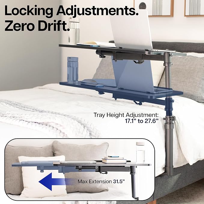 Height Adjustable Under Mattress 30 inch Bedside Desk, Works with Lofts and Beds Without Frames, Tilting Desktop, Fits Laptops, Books, and More, Black - Image 6
