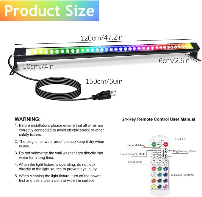 HNRLOY RGB Wall Washer Light with Bar 2Pack, 72W LED RGB Color Changing Landscape Wall Wash Lights, 4FT 120V Dimmable Stage Wash Light Bar for Hotel,Building,Commercial Garden Lighting - Image 8