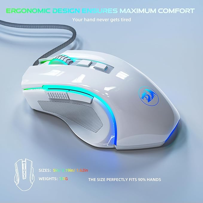 Redragon M602 Gaming Mouse, Ergonomic RGB Gaming Mouse Wired with 7200 Adjustable DPI, 9 Programmable Buttons, Professional Software for Gamer Office [White] - Image 4