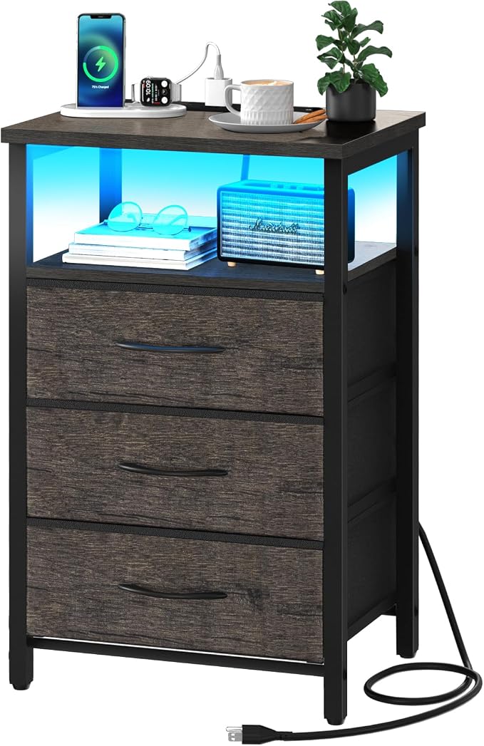 Yoobure Night Stand with Charging Station, 3 Fabric Drawers Nightstand, Bedside Tables with Storage Shelf, End Table with 16 Colors LED, Small Dresser for Small Space, Gray by Yoobure