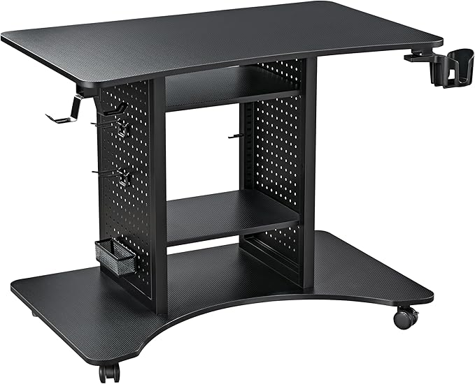 EUREKA ERGONOMIC Gaming Desk Computer, 37" Rolling Desk on Wheels for Small Space, Mobile Computer Cart with Pegboards Adjustable Shelves for Gaming PS Switch Home Office - Black by EUREKAERGONOMIC