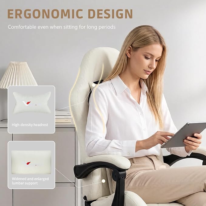 Fabric Gaming Chair for Adults, Ergonomic Computer Office Desk Chair with Footrest,Pocket Spring Cushion, Reclining High Back Silla Gamer for Home Office, White - Image 6