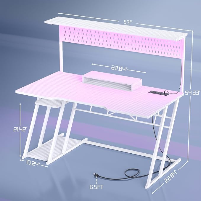 Armocity 53'' White Gaming Desk with Hutch and LED Lights, Gaming Computer Desk with Storage Shelves & Z-Shaped Legs, Reversible PC Game Desk with Pegboard for Bedroom, Carbon Fiber Surface - Image 3