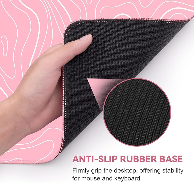 DIGSOM Gaming Mouse Pad, Pink with White Topographic Line, 31.5x11.8in | XL Mouse mat, Smooth surface, Anti-slip rubber base, For keyboard and mouse, For home and office use - Image 5