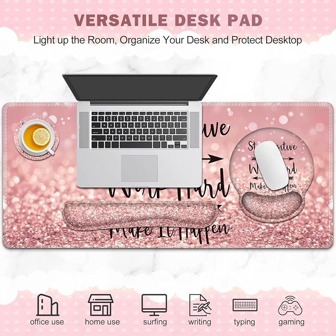 ToLuLu Desk Mat, XXL Large Mouse Pad Wrist Support Set，4 in1 Gaming Mousepad Desk Pad+ Ergonomic Mouse Pad with Wrist Rest + Keyboard Wrist Rest+Coaster for Women Home Office Table, Pink Stay Positive - Image 6
