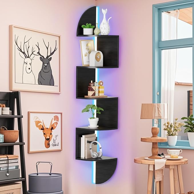 Waipfaru Corner Shelf, 5 Tier Bookshelf with LED Light, Corner Shelf Wall Mounted, Floating Shelves for Wall, Display Stand for Bedroom, Living Room, Bathroom, Home, Office, Black - Image 3