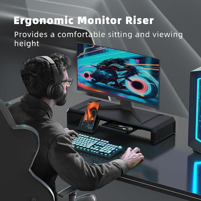 Heymaster Monitor Stand Riser with Drawer, Foldable & Adjustable Length Computer Stand with Phone & Tablet Holder, Space Saving Desk Organizer Shelf for Home Office, Laptop, Desktop - Image 4