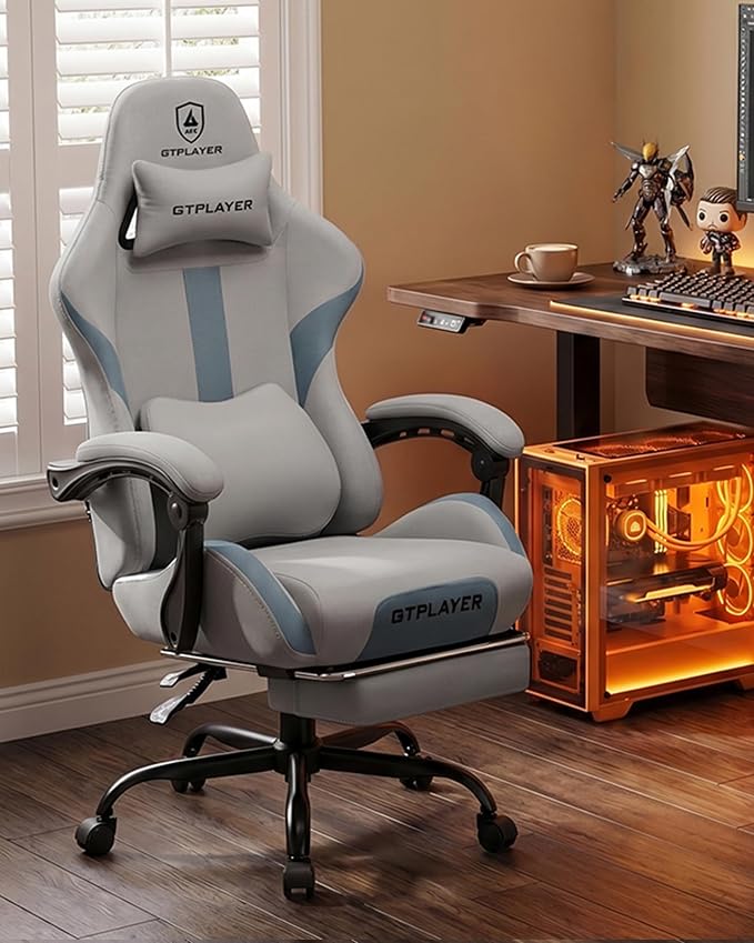 GTPLAYER Gaming Chair with Foot Rest & Pocket Spring Cushion, Ergonomic High Back Computer Desk Chair with Headrest & Lumbar Support for Back Pain Relief, Breathable Fabric, Mist-Blue - Image 10