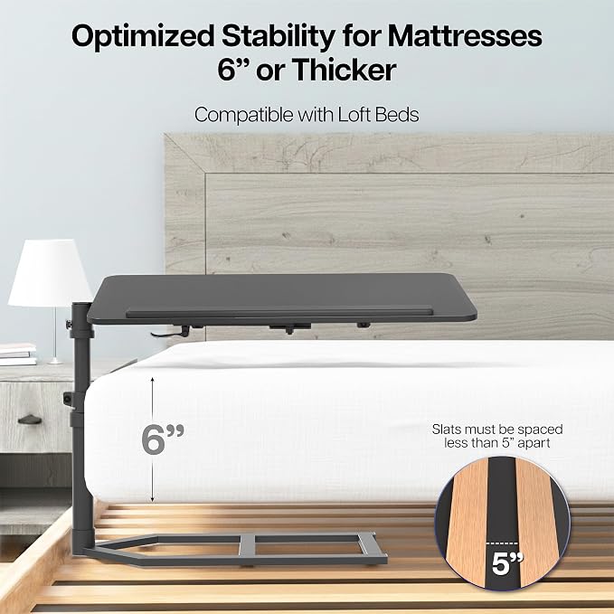 Height Adjustable Under Mattress 30 inch Bedside Desk, Works with Lofts and Beds Without Frames, Tilting Desktop, Fits Laptops, Books, and More, Black - Image 7