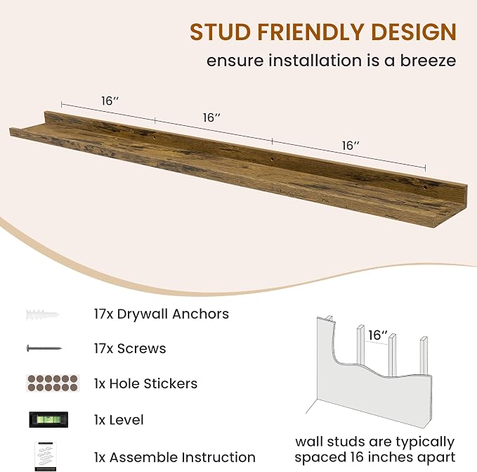 Picture Ledge Shelf, Floating Shelves for Wall Decor, Brown, Set of 6, 55'' - Image 5