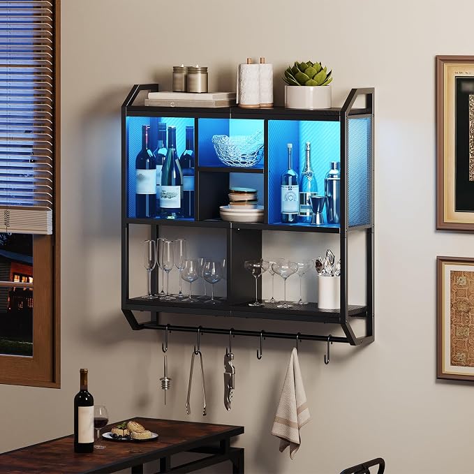 HOOBRO Gaming Floating Shelves with LED Lights, 28.7" LED Wall Mounted Shelf, 3-Tier Display Rack for Wall Storage, Floating Rack with Hanging Rod and 6 S-Hooks, for Gaming Room, Black BB70DBJ01 - Image 5