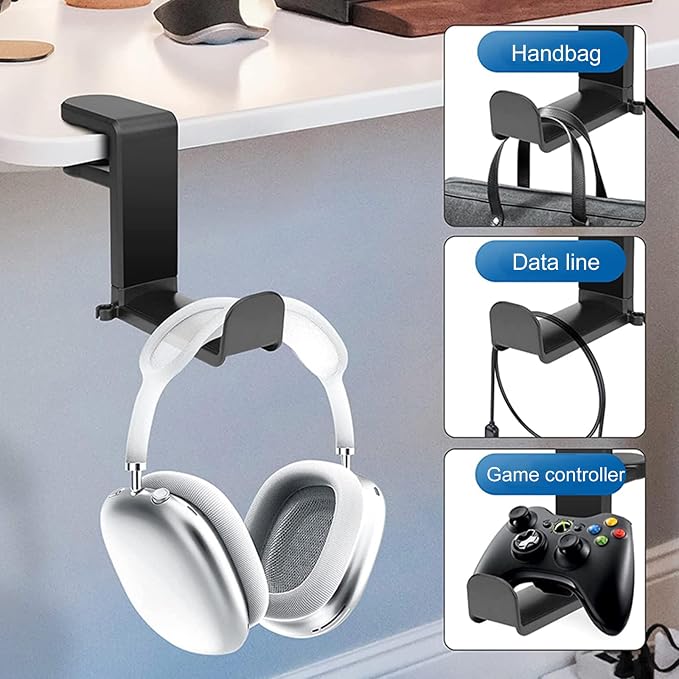 Rotating Headphone Stand, Gaming Headset Stand, Headphone Hanger Hook Under Desk with 360 Degree Swivel & Cable Clip Organizer, Adjustable Clamp-on Headset Holder Mount Hook, Space Saving, Black - Image 5