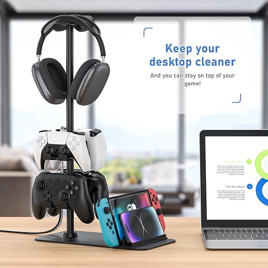 MANMUVIMO Headset Stand Controller Holder for 1 Headset and 4 Controller, Headphone Game Controller Stand for Desk, Gamer Gifts, Organizer Rack for iPad/Mobile Phone, Gaming Room Accessories - Image 9