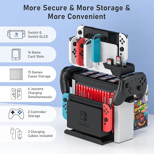 Switch Game Storage with Controller Charger for Nintendo Switch & OLED Model, MLIFEMFUL Switch Charging Dock Charges 6 Joycons, Switch Gaming Accessories Holder Desk, Switch Game Gift Card Organizer - Image 2