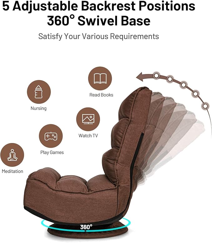 GIANTEX 360 Degree Swivel Gaming Chair, 6 Position Adjustable (Coffee) | Folding Floor Chair, 300lb Spring Support, Comfortable Padded Backrest, Lazy Sofa Chair Game Rocker for Teens Adults - Image 5