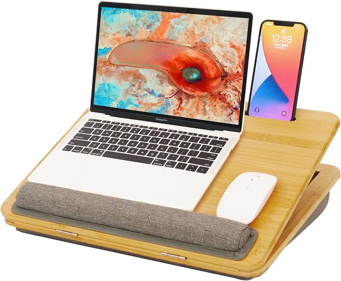 Adjustable Bamboo Lap Desk with Cushion - 5 Tilting Angles Ergonomic Laptop Bed Tray for Computers 15 inches or Less, Phone & Tablet Holder Slot, Dual Bolster for Comfort on Couch, Bed, Sofa & Car by 100NaturalBambooFurniture