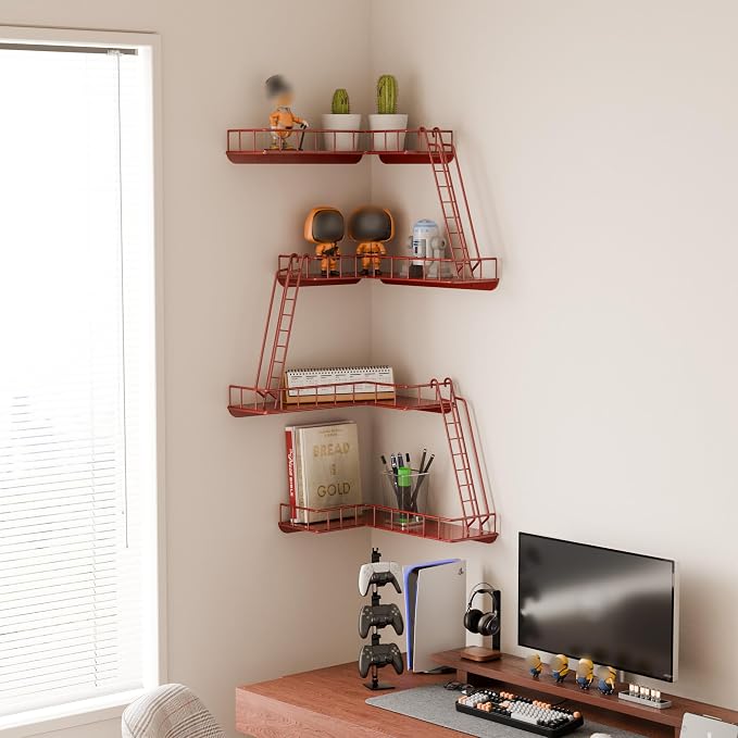 Fire Escape Wall Shelf - Modern City Style 4-Tier Corner Wall Shelves, Easy to Install Metal Ladder Shelf for Figures, New York Decorative Shelves for Bathroom, Living Room & Home Decor, Red - Image 5
