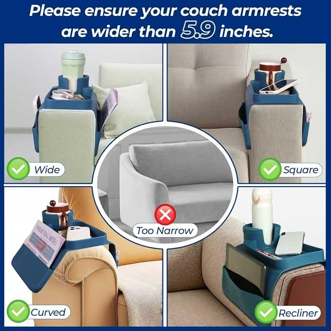 Silicone Couch Caddy Cup Holder Tray, 3-Side Sofa Armrest Organizer with Secure Gear-Shaped Locking Holder & Large Tablet Slot, Non-Slip Weighted Armchair Caddy, Couch Accessories (Blue) - Image 5