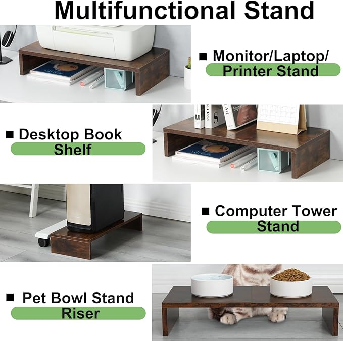 TEAMIX 2-Pack Monitor Stand Riser 20 inch, Wooden Tabletop Shelf, Brown | For 2 Monitors, Laptop, Printer, TV, PC Tower, Rustic Brown Monitor Riser with Storage, Computer Stand Ergonomic Design - Image 3