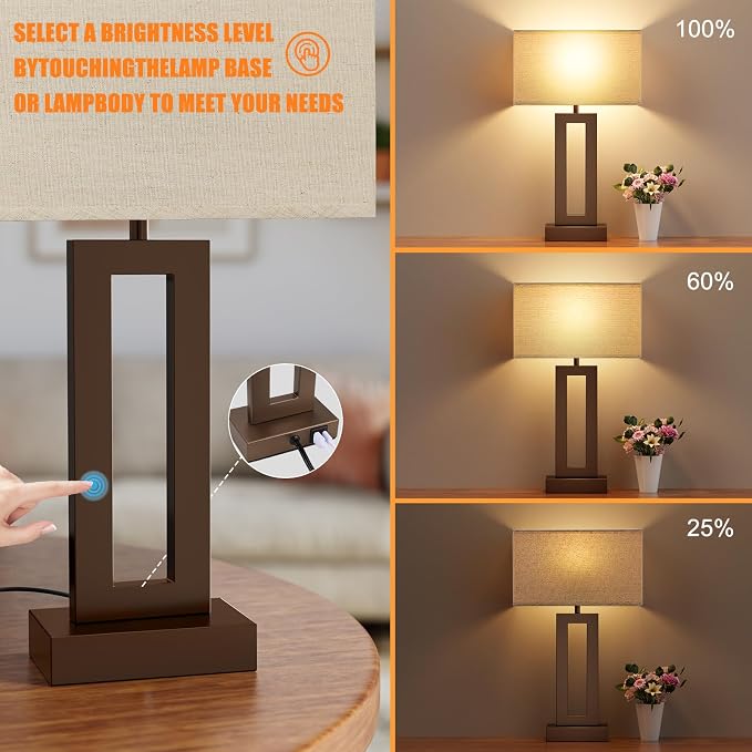 Seealle Bedroom Lamps for Night Stands - Touch Control, 3 Way Dimmable, USB C+A Charging, LED Bulbs, Easy Assembly(Yellow&Brown) - Image 2