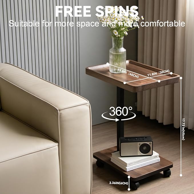 Rolling Side Table Adjustable Height, 360°Swivel C Tray Snack Table - Image 4