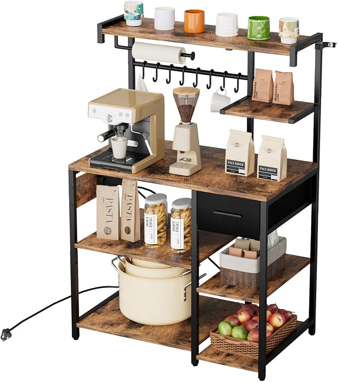VEVOR Kitchen Bakers Rack with Power Outlets, 31.5 x 15.7 x 55.1 Inch Microwave Stand with Built-in Power Strip & 4.6 Ft Cord, 8 S-Shaped Hooks, for Dish Storage, Spice Jars, Coffee Bar Organization - Image 9