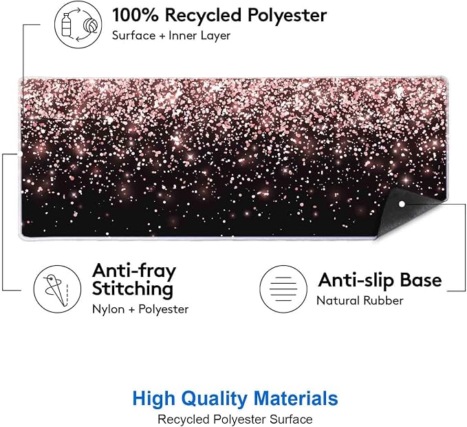IMAYONDIA Gaming Mouse Pad, Large Non-Slip Rubber Base Mousepad with Stitched Edges, Keyboard Mouse Mat Desk Pad for Work, Game, Office, 31.5x11.8 Inch - Rose Gold Black Glitter Luxury - Image 3
