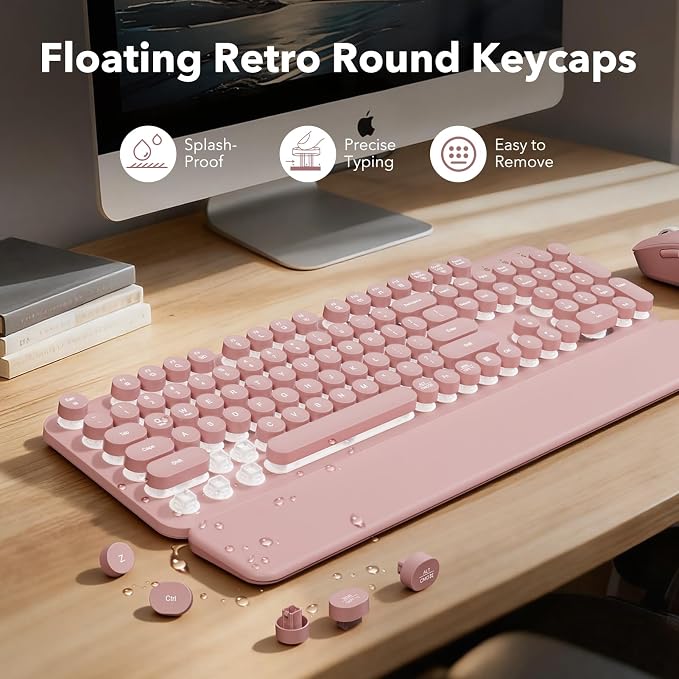 Rechargeable Backlit Wireless Keyboard and Mouse Combo, Retro Typewriter Keyboard with Magnetic Wrist Rest, Light Up Letters, 2.4GHz Cordless Connection for Mac, Windows PC, Laptop (Glowing Pink) - Image 5
