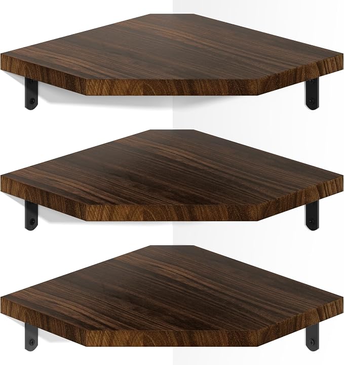 Alsonerbay Pine Wood Corner Shelves with Cord Hole 3-Pack, Carbonized Black by Alsonerbay
