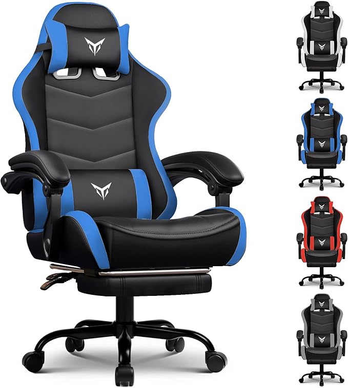 GTPLAYER Gaming Chair with Footrest, Video Game Chairs Racing Style PC Game Chairs 350lbs for Adults - Padded High Back Ergonomic Reclining Silla Gamer, Linkage Armrest, Blue by GTPLAYER