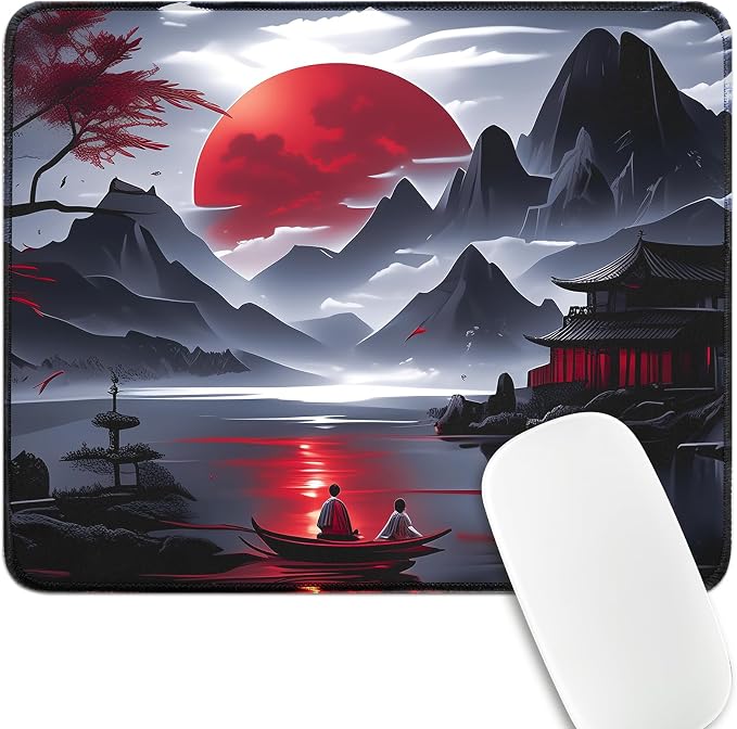 FreeNook Small Gaming Mouse Pad, Anime Black Mousepad with Stitched Edges, Expanded Cool Desk Mat, Japanese Red Moon Keyboard Mat Suitable for Home Office,10.2 X 8.3 Inch by Unknown