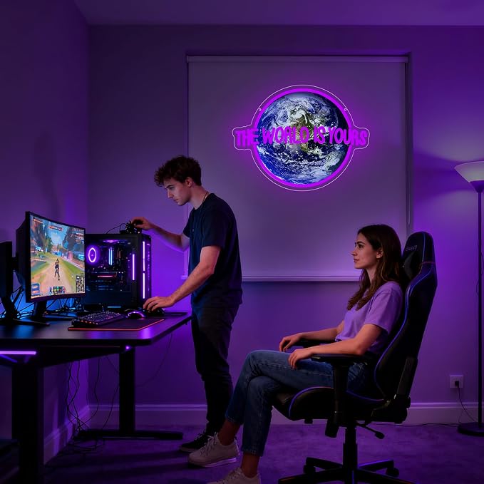 The World is Yours Neon Sign, Planet Led Neon Light Signs for Wall Decor Gaming LED Light up Sign Lamp for Party Bedroom Bar Game Room Man Cave Birthday Gamer Gift Dimmable USB Powered(16.4"*12.2") - Image 8
