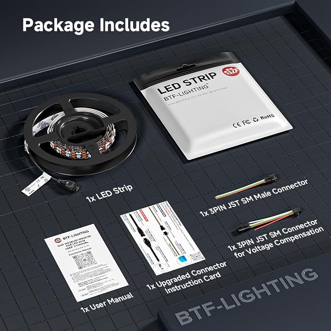 BTF-LIGHTING WS2812B ECO RGB LED Strip,UL Listed,Individually Addressable,3.28FT 100LED/m 100Pixel DC5V 5050SMD,Alloy Wire Flexible 3M Tape for DIY Chasing Color Project IP30(No Adapter or Controller) - Image 9