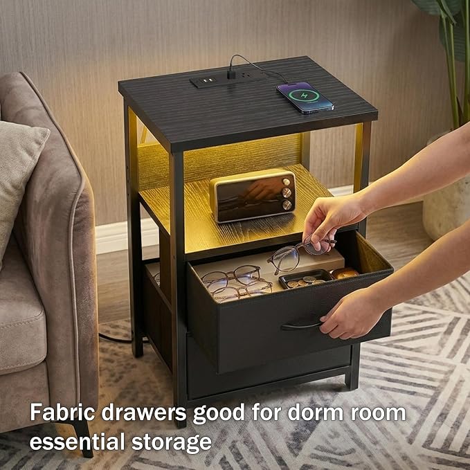 Fixwal Night Stand with Charging Station, Black Led Nightstand, 2 Drawers - Image 7