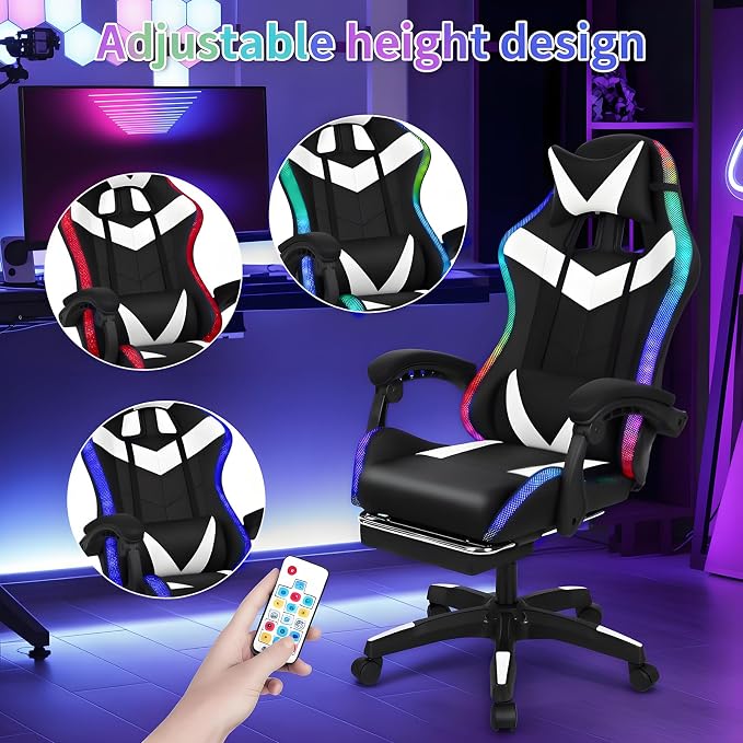 Gaming Chair with 2 Bluetooth Speakers & Lights, Ergonomic High-Back Office Chair with Headrest & 135° Recline, 360° Swivel Height Adjustable Faux Leather Computer Chair for Gaming, Office & Study - Image 5