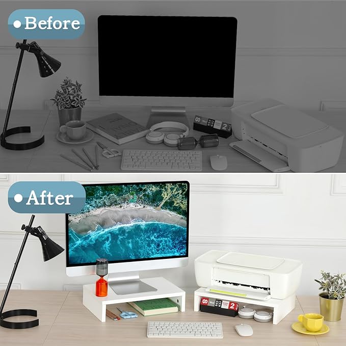 TEAMIX White Monitor Stand Riser, 2 Pack Wood | Dual Stand for 2 monitors. Holds 80 lbs, Stack or Separate Adjustable Use, Fits laptop, TV, PC. For Home Office, Gaming - Image 6