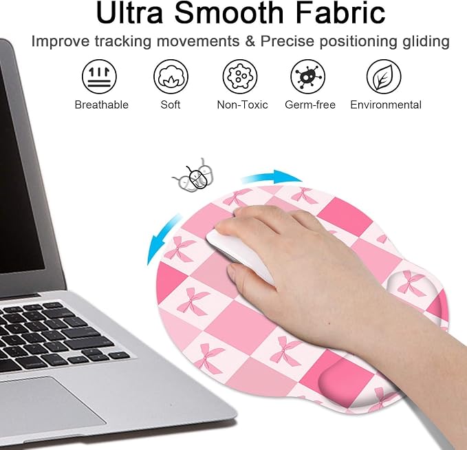 Britimes Ergonomic Mouse Pad Set with Wrist Rest, Pink Bow - Image 4