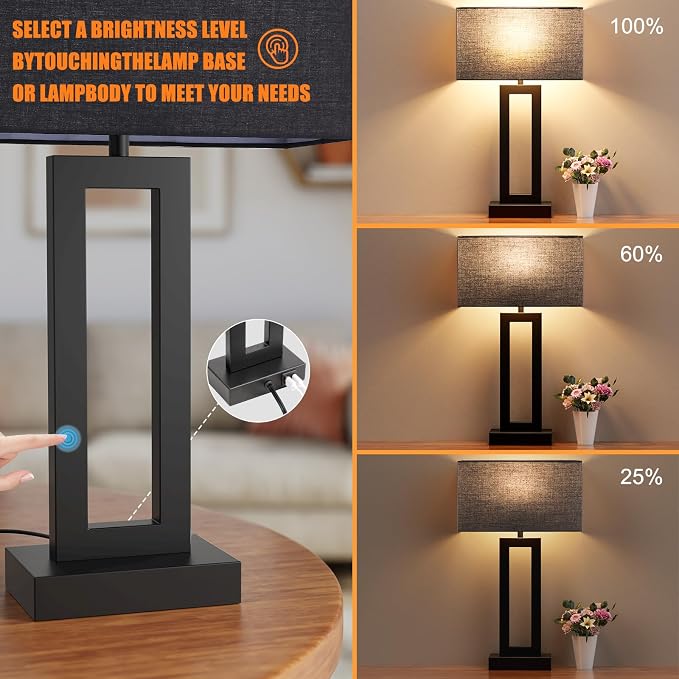 Seealle 22" Tall Living Room Lamps for Night Stands - Touch Bedside Lamp with USB C+A, 3 Way Dimmable Bedroom Lamps for End Tables Set of 2, Modern Night Stand Lamps for Bed Side(Black&Black) - Image 3