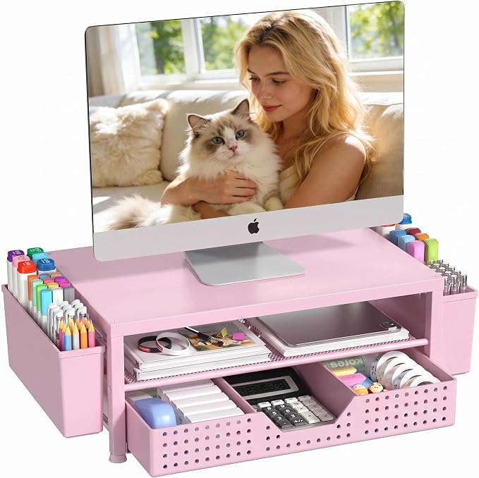 OPNICE Desk Organizers and Accessories, Computer Monitor Stand Riser with Drawer and 2 Pen Holders, Printer & Laptop Stand, Office Desk Accessories & Workspace Organizers for Home Office Supplies, Pink by OPNICE