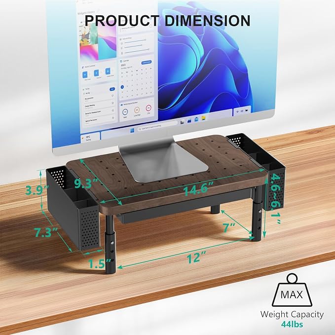 WALI Computer Monitor Stand with Storage and Pen Holder | 3 Height Adjustable Desk Organizer with Drawer, Desk Laptop Monitor Riser for Computer, Printer(PTT003-C), 1 Pack, Brown - Image 2