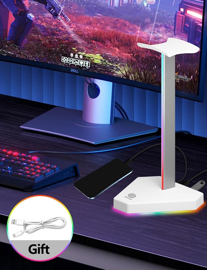 RGB Headphone Stand with 2 USB-C Charging Port and 1 USB Charging Port, Desk Gaming Headset Holder with 7 Light Modes and Non-Slip Rubber Base Suitable for All Earphone Accessories (White) - Image 4