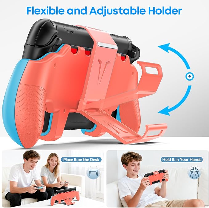 OIVO Grip Compatible with Nintendo Switch 2, Switch 2 Ergonomic Grip Case with Adjustable Stand, Comfort Game Accessories with 5 Game Card Slots and 4 Thumb Caps, Blue Orange - Image 4