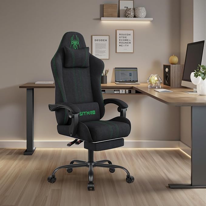 Fabric Gaming Chair with Footrest, Big Tall Reclining Ergonomic Chair | Breathable Fabric, Spacious Seat, Headrest And Lumbar Support Provide Lasting Comfort For Gaming, Work And Relaxation - Image 2