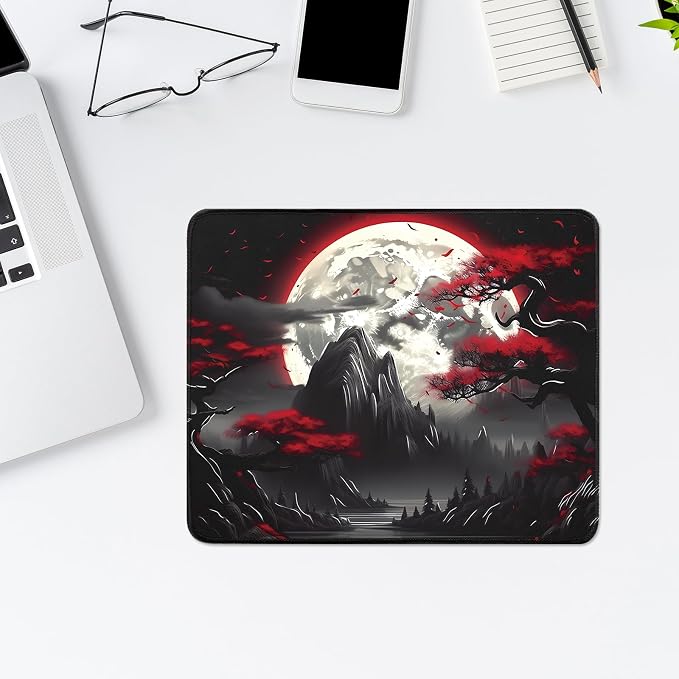 FreeNook Small Gaming Mouse Pad, Anime Black Mousepad with with Non-Slip Base, Expanded Cool Desk Mat, Mountain Moon Scenery Keyboard Mat Suitable for Home Office,10.2 X 8.3 Inch - Image 3