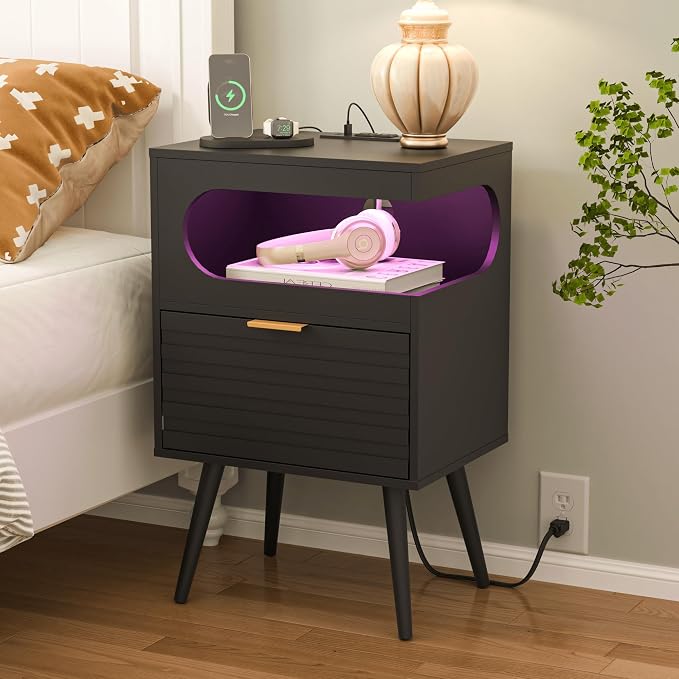 Veegle Nightstand,Modern Bedside Table with Storage Drawer and Open Wood Shelf, Accent Night Stand with Solid Wood Legs for Living Room, Bedroom and Small Spaces,Easy Assembly (Black-1) by Unknown